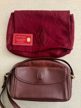 Cartier Brown Leather Crossbody Bag with Burgundy Dust Bag